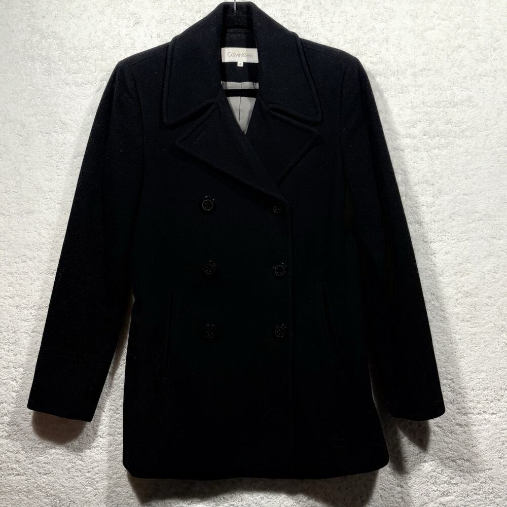 Calvin Klein Wool Cashmere Blend Peacoat Womens Size 4 Black Double Breasted